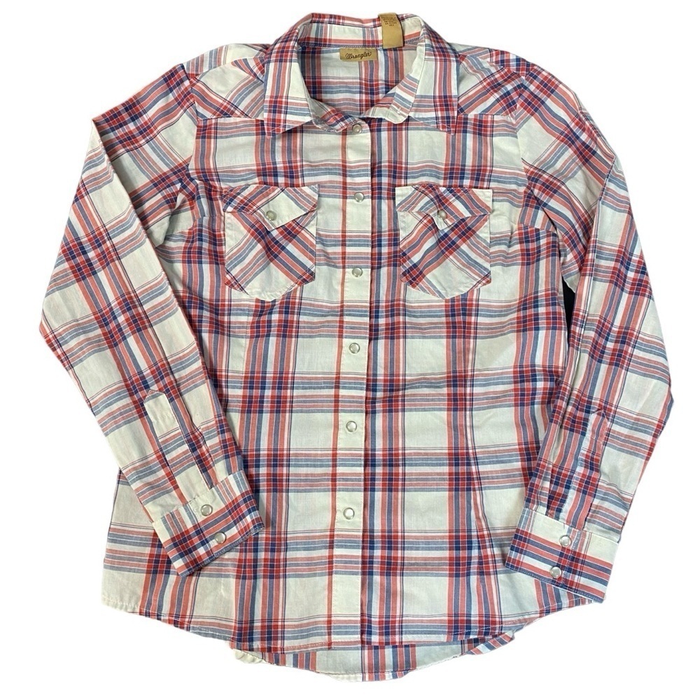 Wrangler Red Blue White Plaid Patriotic Western Pearl Snap Long Sleeve Size M